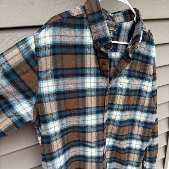 Eddie Bauer XL Classic Fit Plaid Flannel Button Long Sleeve Brown Blue White - Picture 8 of 12